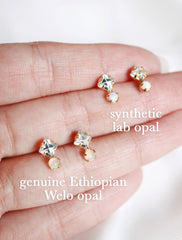 genuine Ethiopian Welo opal stud earrings and synthetic lab opal stud earrings