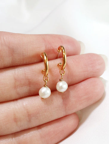 gold vermeil pearl charm hoops in hand