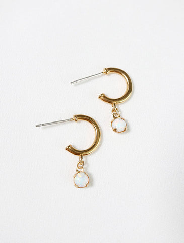 white opal charm hoop studs in gold vermeil