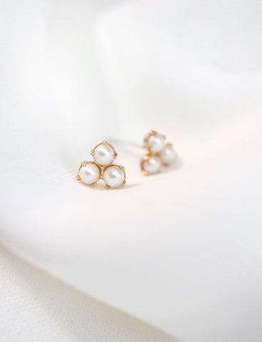 gold filled trefoil stud earrings with freshwater pearls