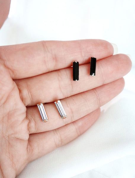 baguette crystal stud earrings held with clear and black options