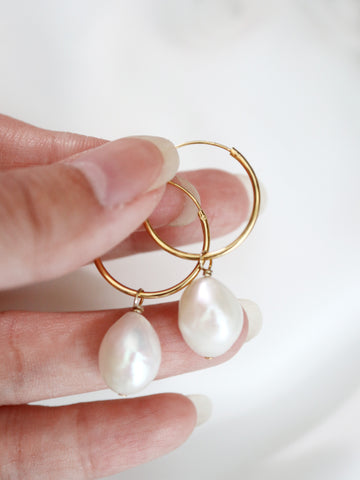 tiny pearl charm hoop earrings