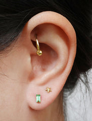 micro peridot baguette earrings modelled,, august birthstone