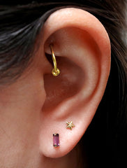 micro amethyst baguette earrings modelled, february birthstone