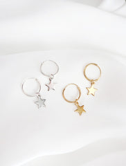 silver and gold star charm hoop huggies