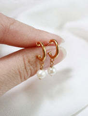 gold vermeil pearl charm hoops in hand
