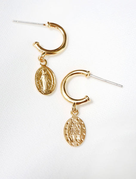 gold vermeil virgin mary hoops - front and back view