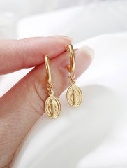 gold vermeil virgin mary hoops in hand