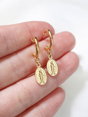 gold vermeil virgin mary hoops in hand