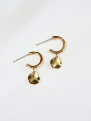 gold vermeil hoop earrings with hammered coin charm