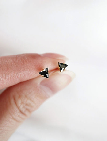tiny black triangle stud earrings, cubic zirconia
