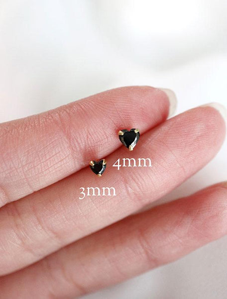 3mm and 4mm heart earrings with black cubic zirconia