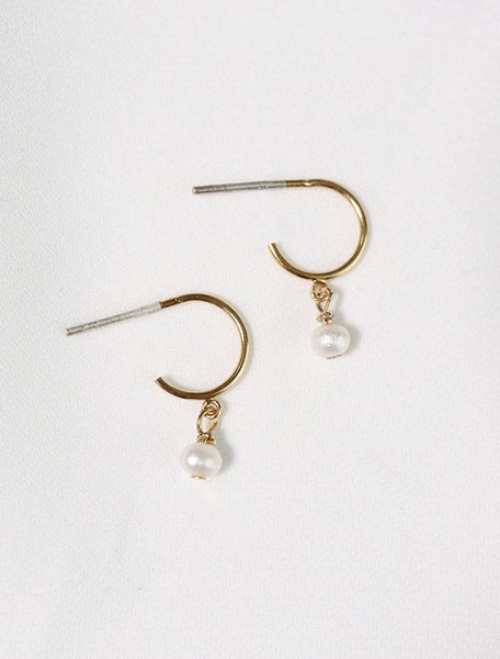 tiny pearl charm hoop earrings in gold vermeil