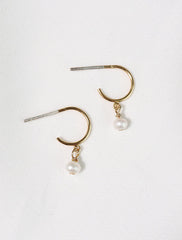 tiny pearl charm hoop earrings in gold vermeil