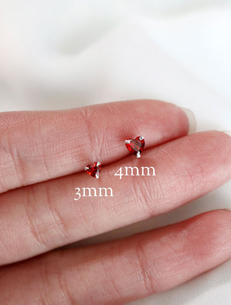 red cubic zirconia heart studs in 3mm and 4mm