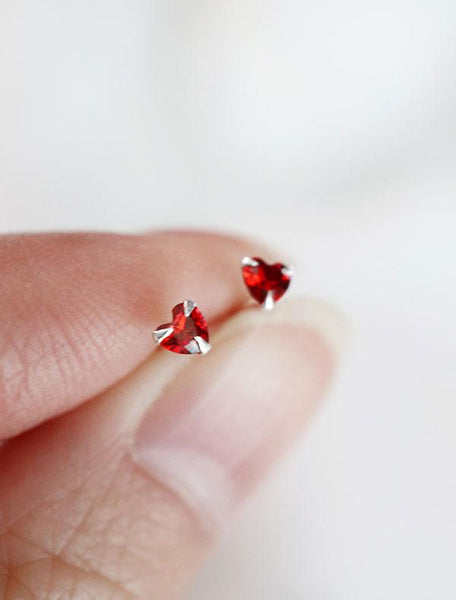 tiny sterling silver heart earrings with red cubic zirconia