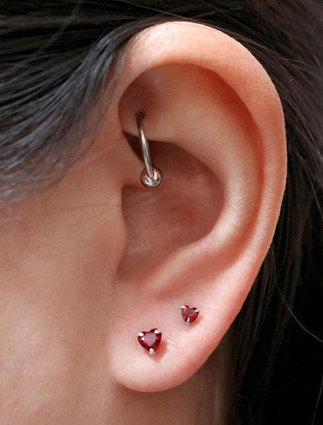 tiny red heart stud earrings, sterling silver