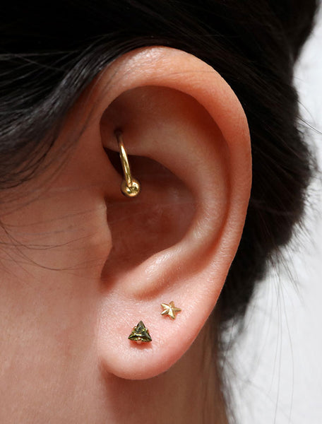 tiny olivine triangle studs modelled, peridot birthstone