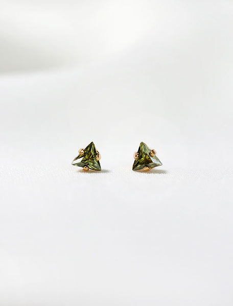 tiny olivine triangle studs, august birthstone