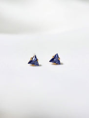 tiny sapphire triangle stud earrings, september birth stone