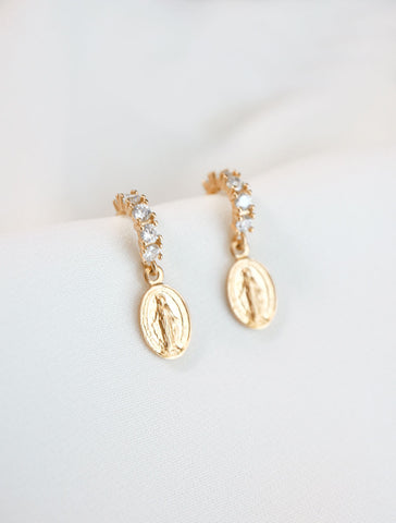 gold pave virgin mary hoop earrings side view