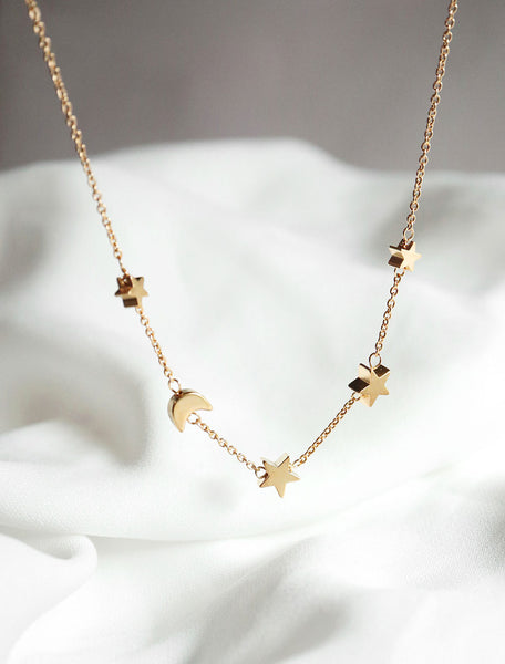 gold filled moon and stars necklace hanging