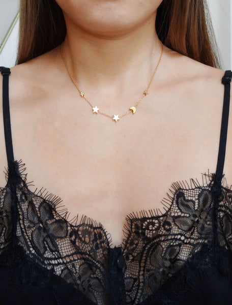 moon and stars necklace modelled