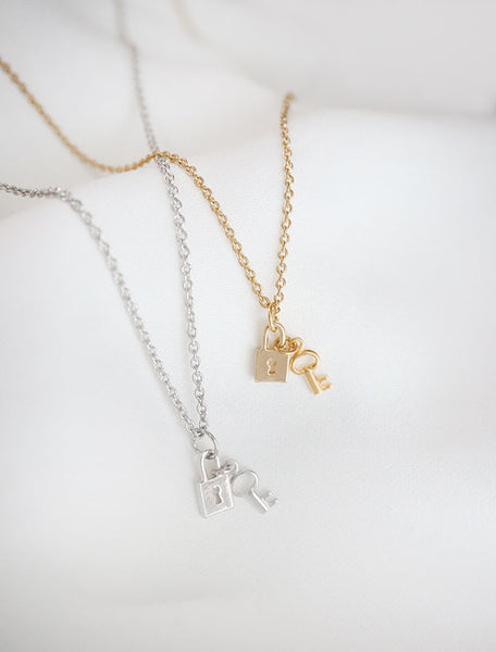 tiny lock and key necklace, silver and gold