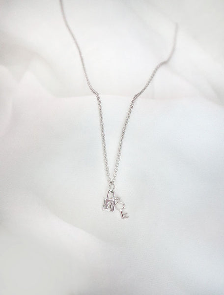 silver tiny lock and key necklace