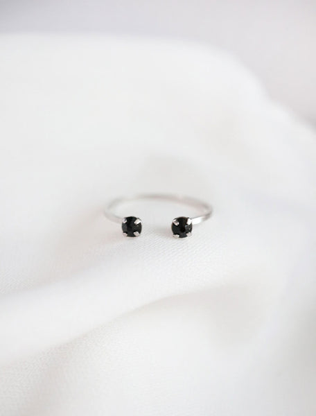 silver filled cuff ring with two black crystals