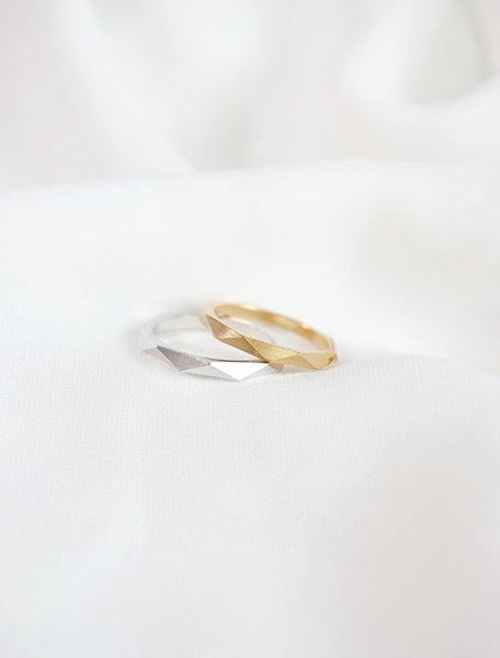 macro faceted ring in gold and silver