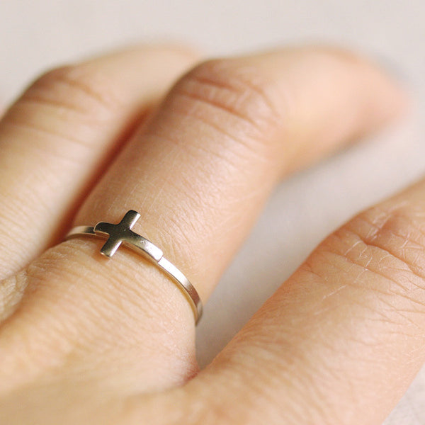 silver sideways cross ring