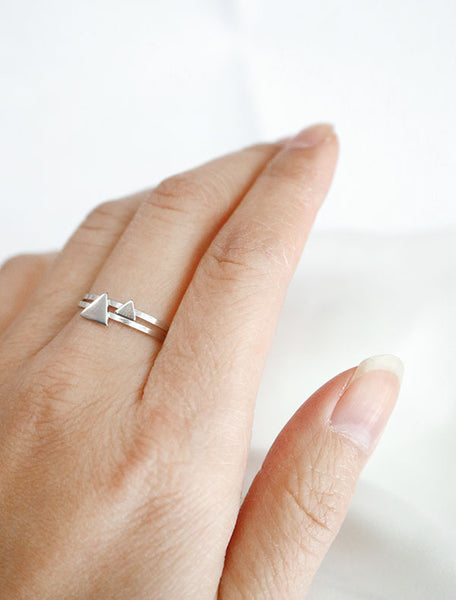 silver triangle ring set worn